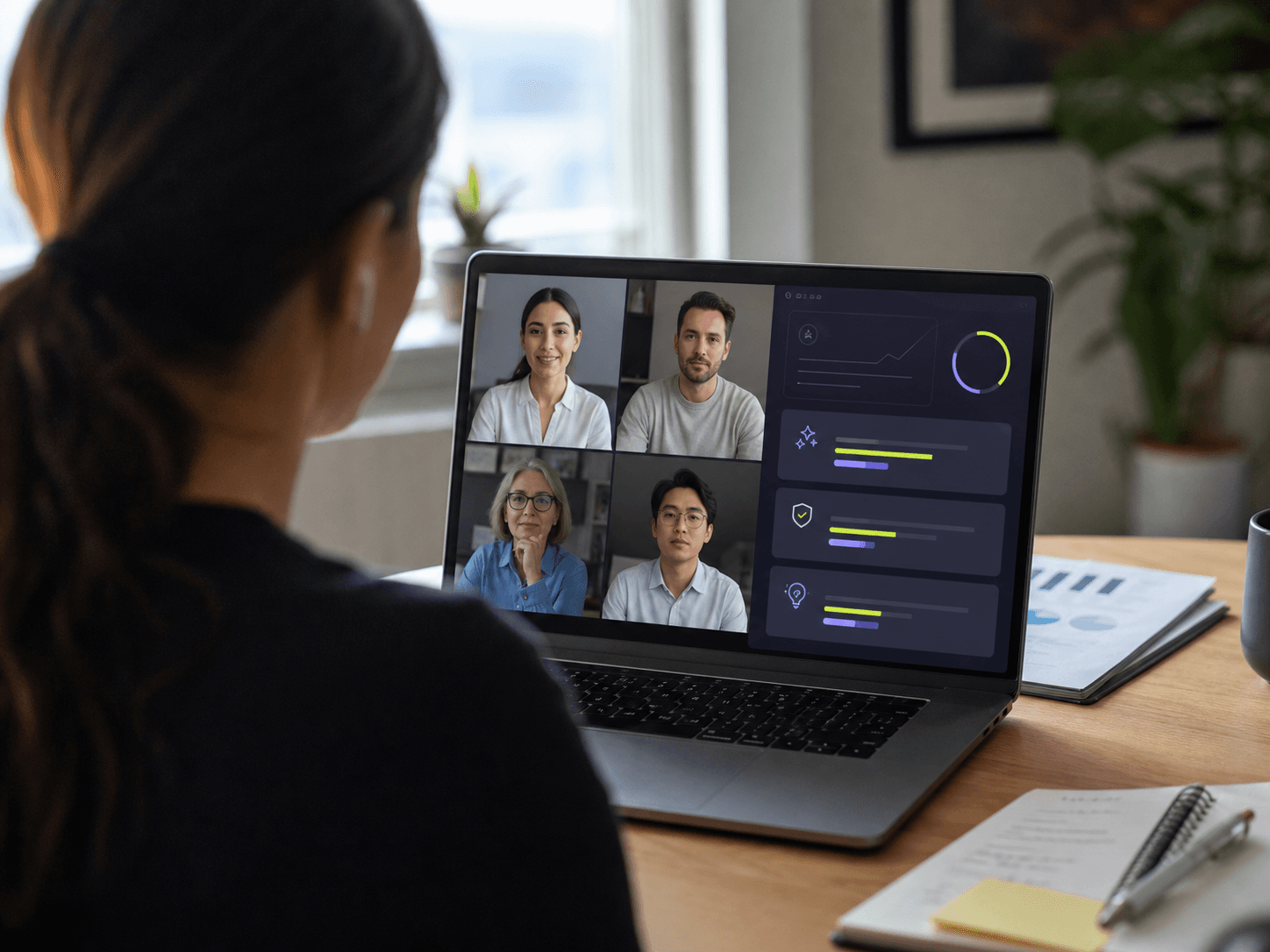 A candidate in a video interview using a private Meeting Copilot overlay