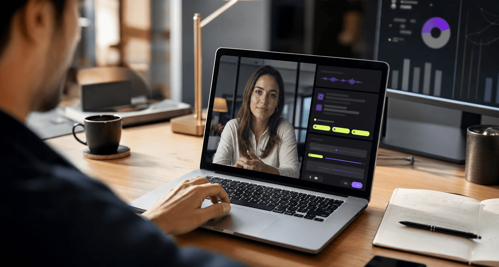 A sales rep on a video call with private Meeting Copilot suggestions on their laptop